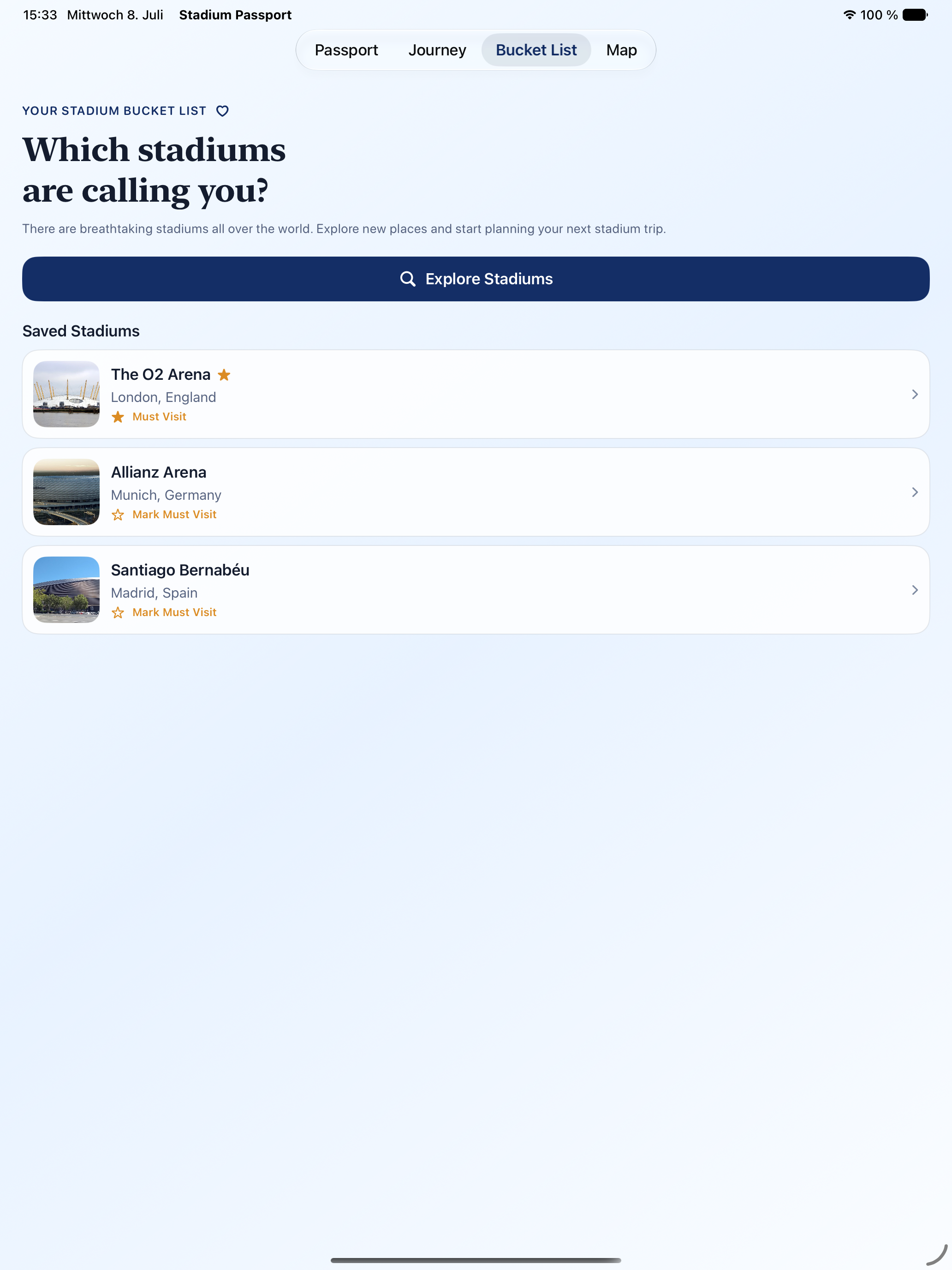 Stadium Passport bucket-list on iPad