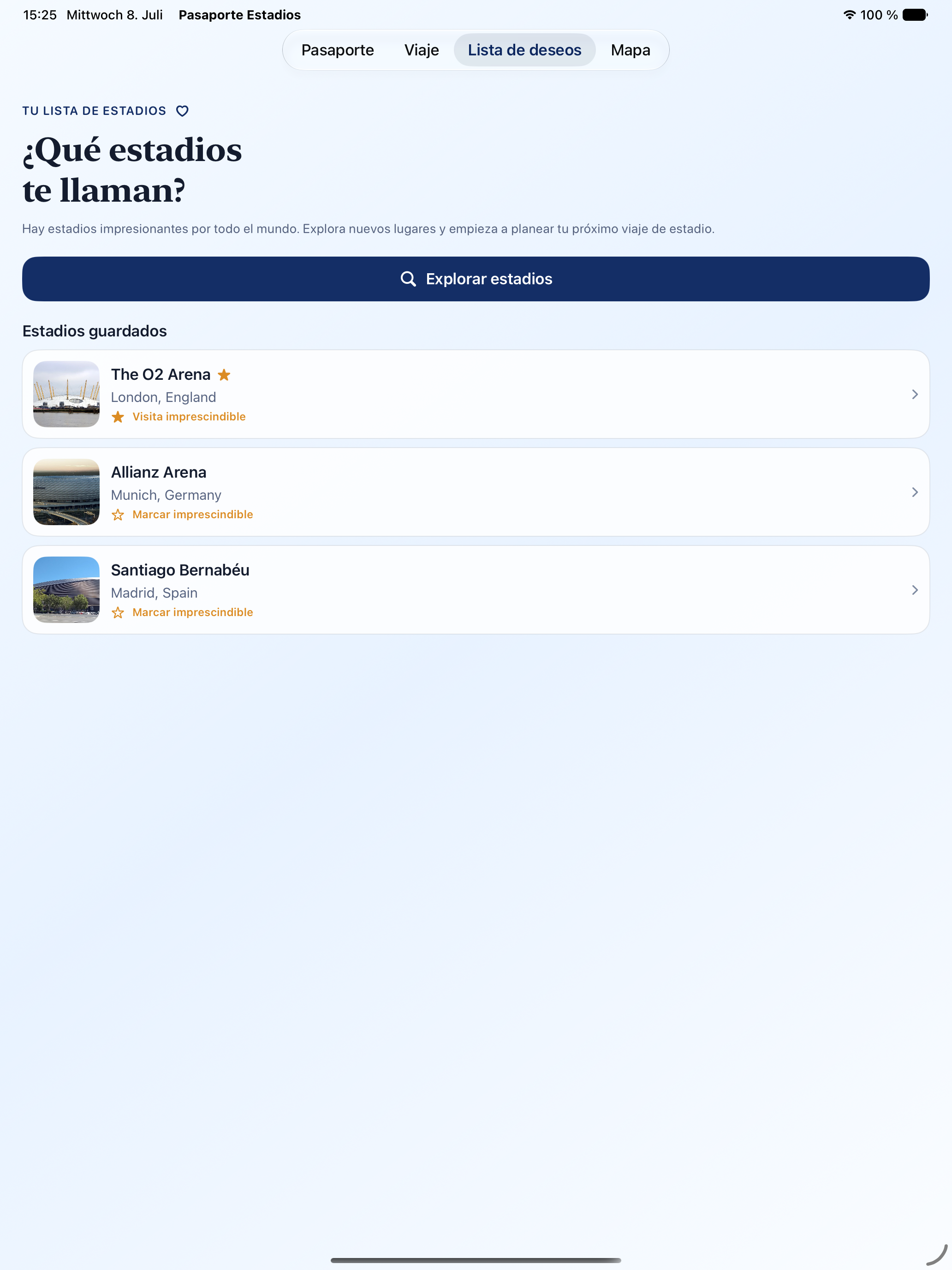 Pasaporte de Estadios bucket-list on iPad