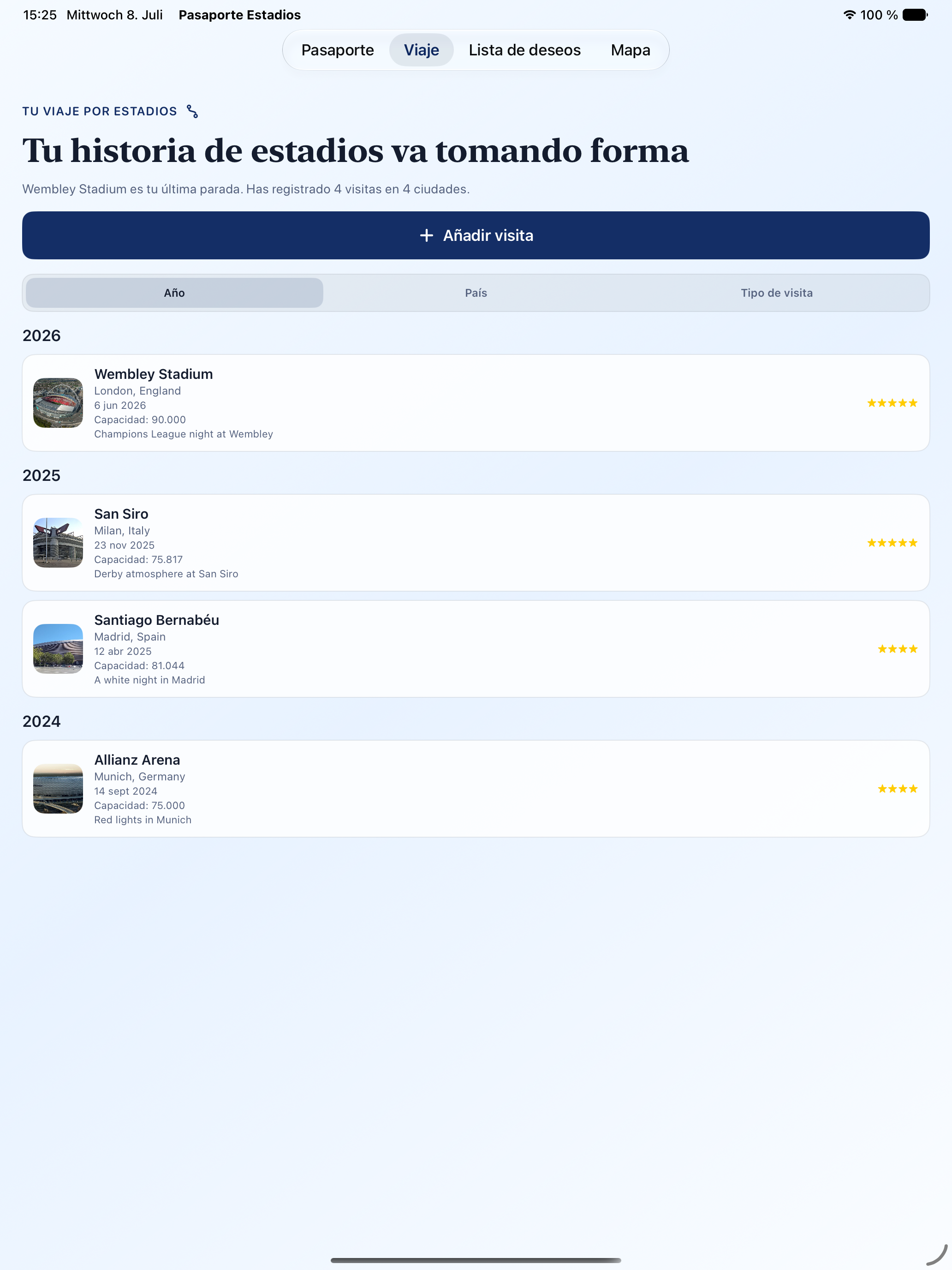 Pasaporte de Estadios journey on iPad