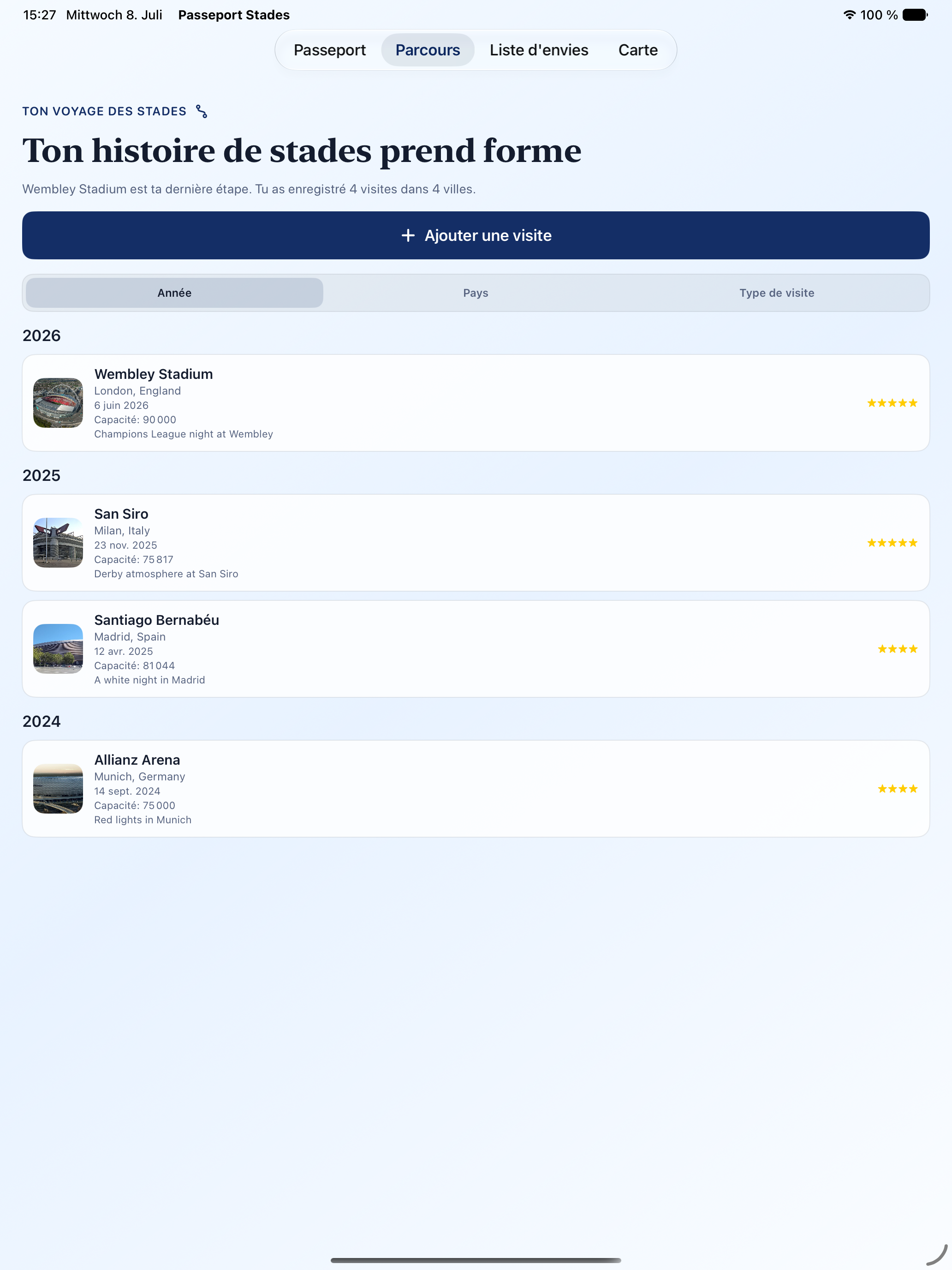 Passeport des Stades journey on iPad