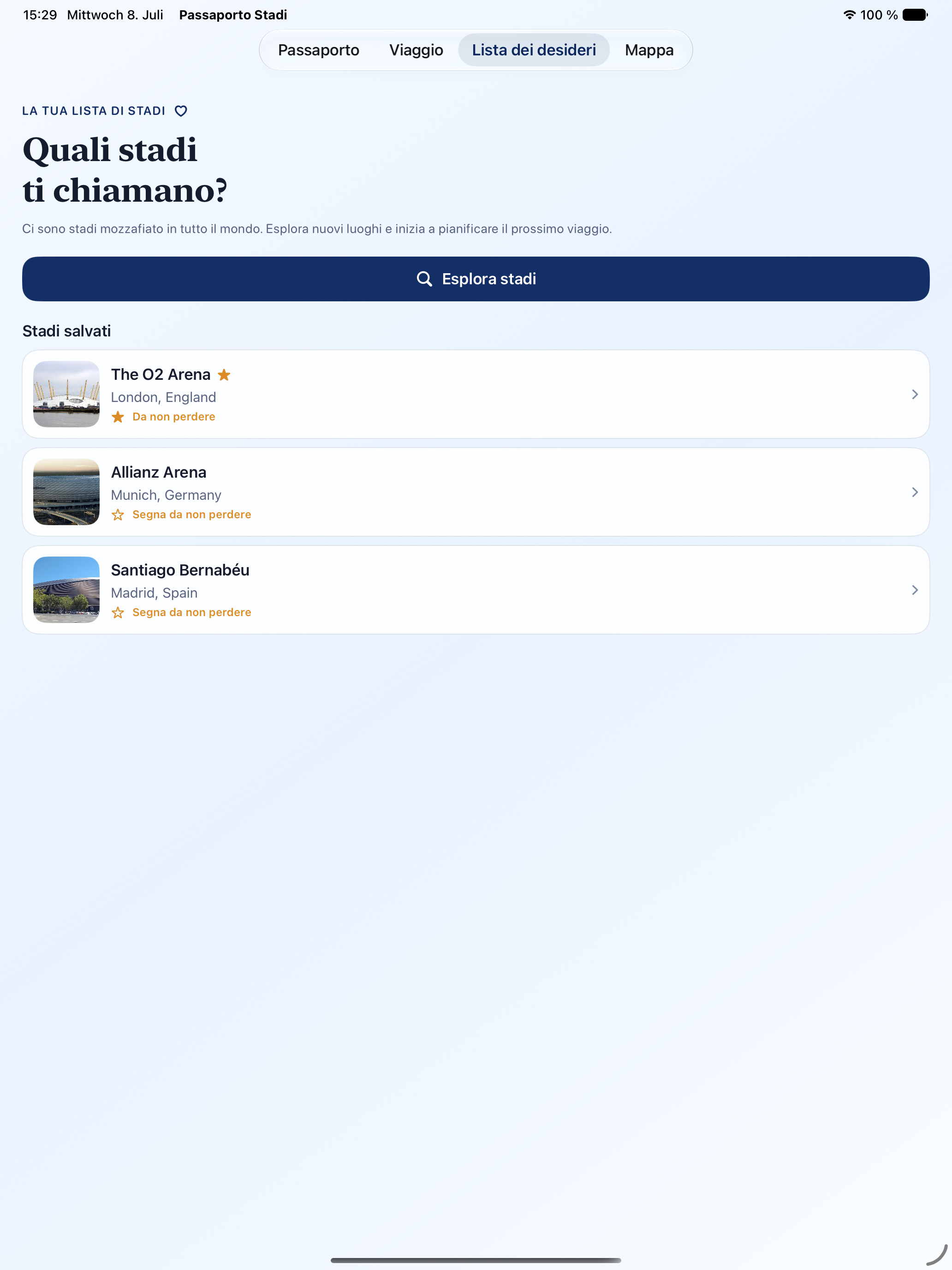 Passaporto Stadi bucket-list on iPad