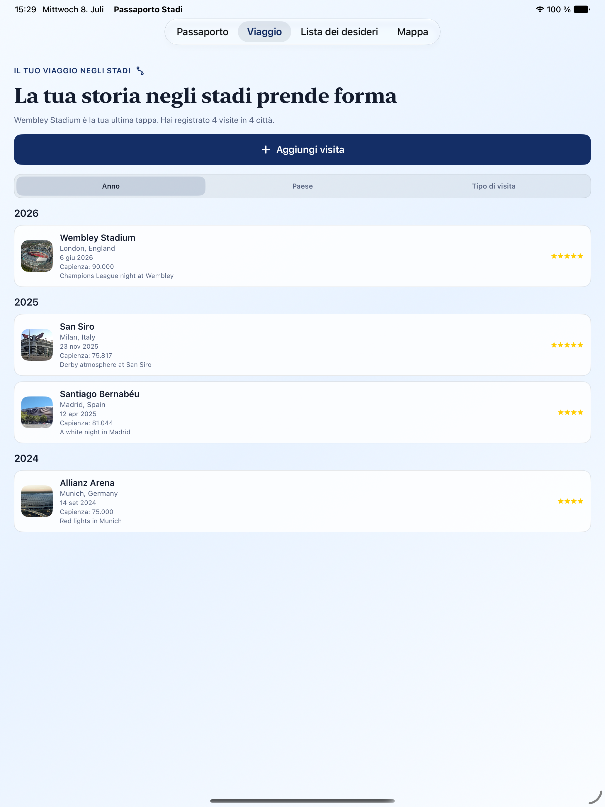 Passaporto Stadi journey on iPad