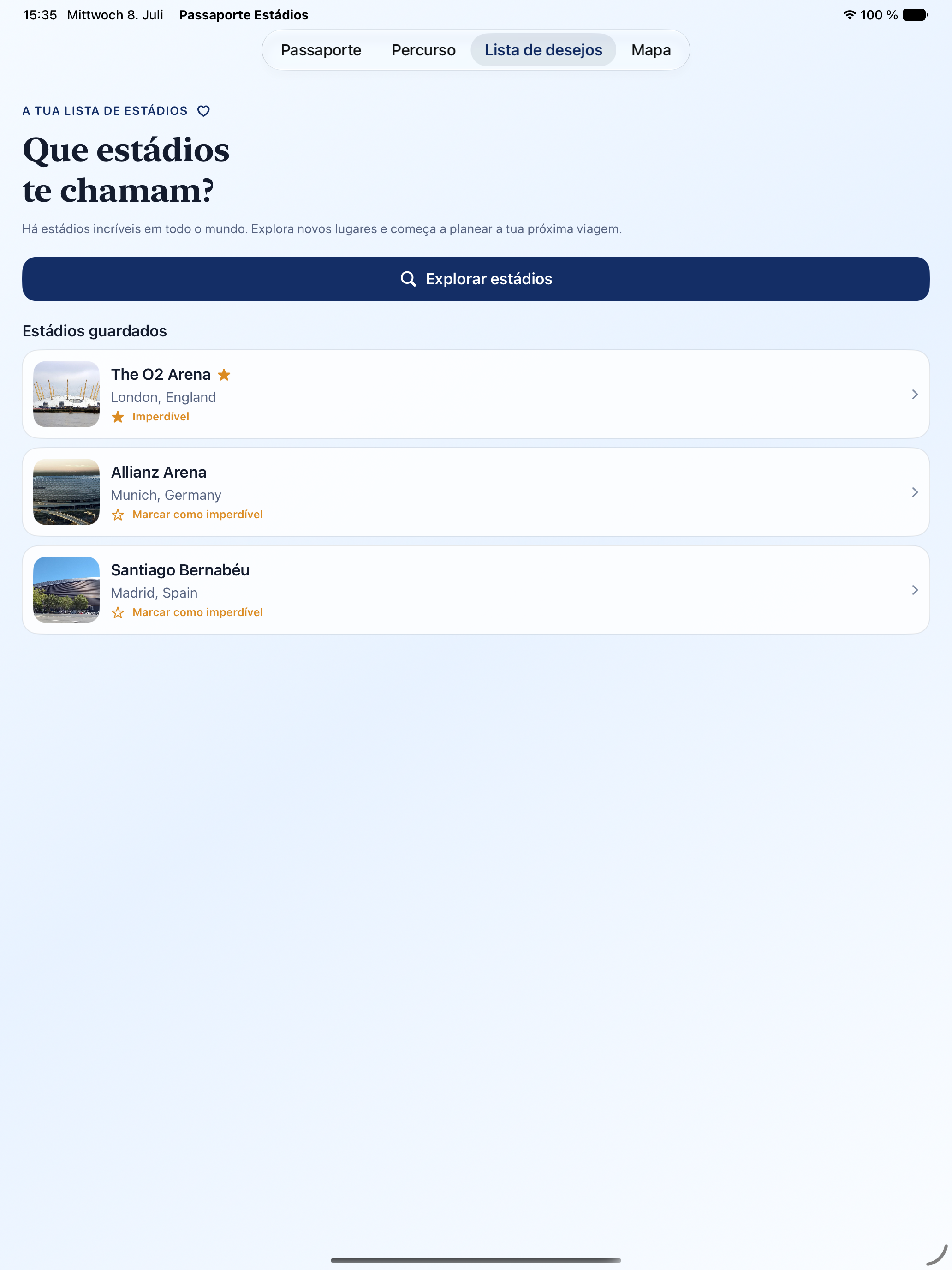 Passaporte de Estádios bucket-list on iPad
