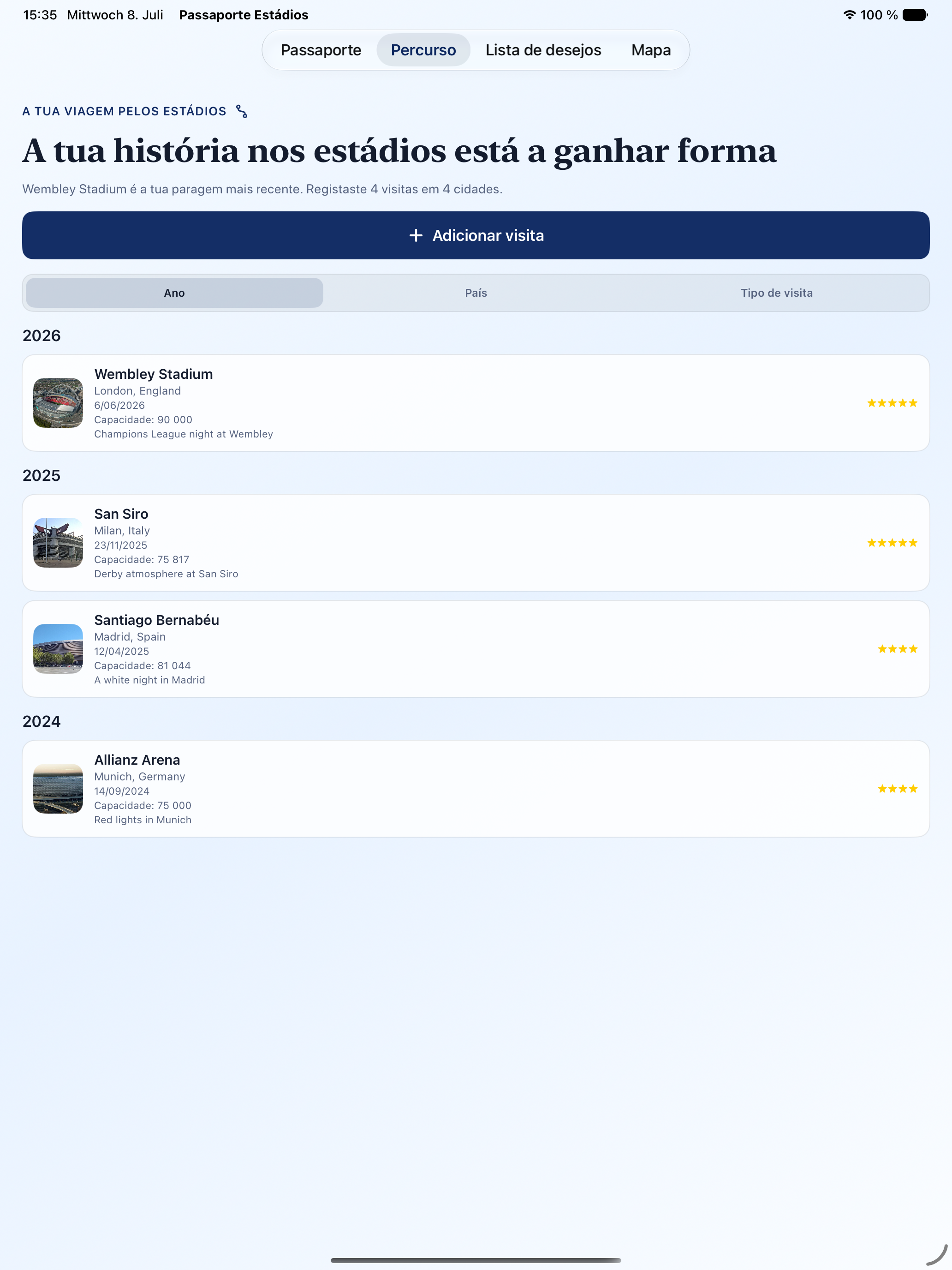 Passaporte de Estádios journey on iPad
