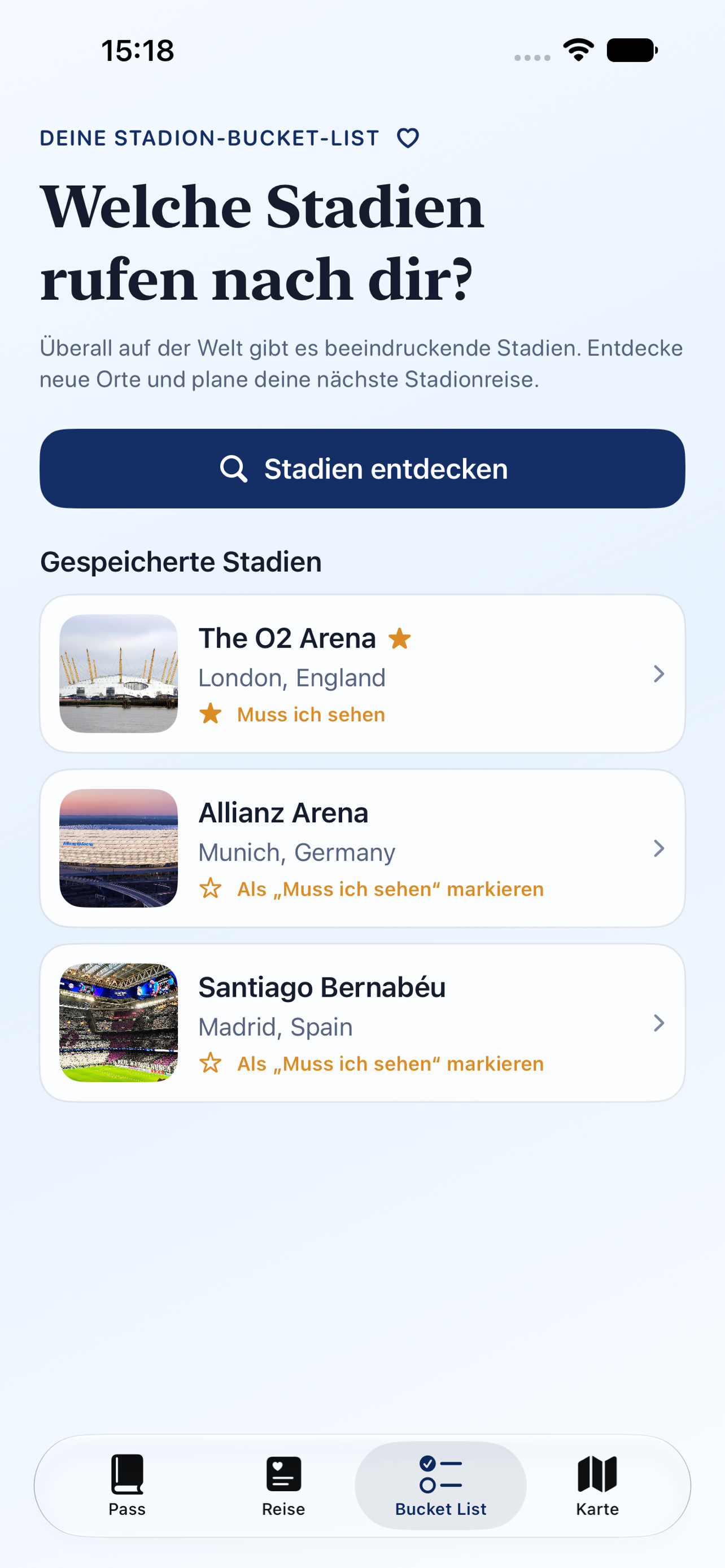 Stadionpass bucket-list on iPhone