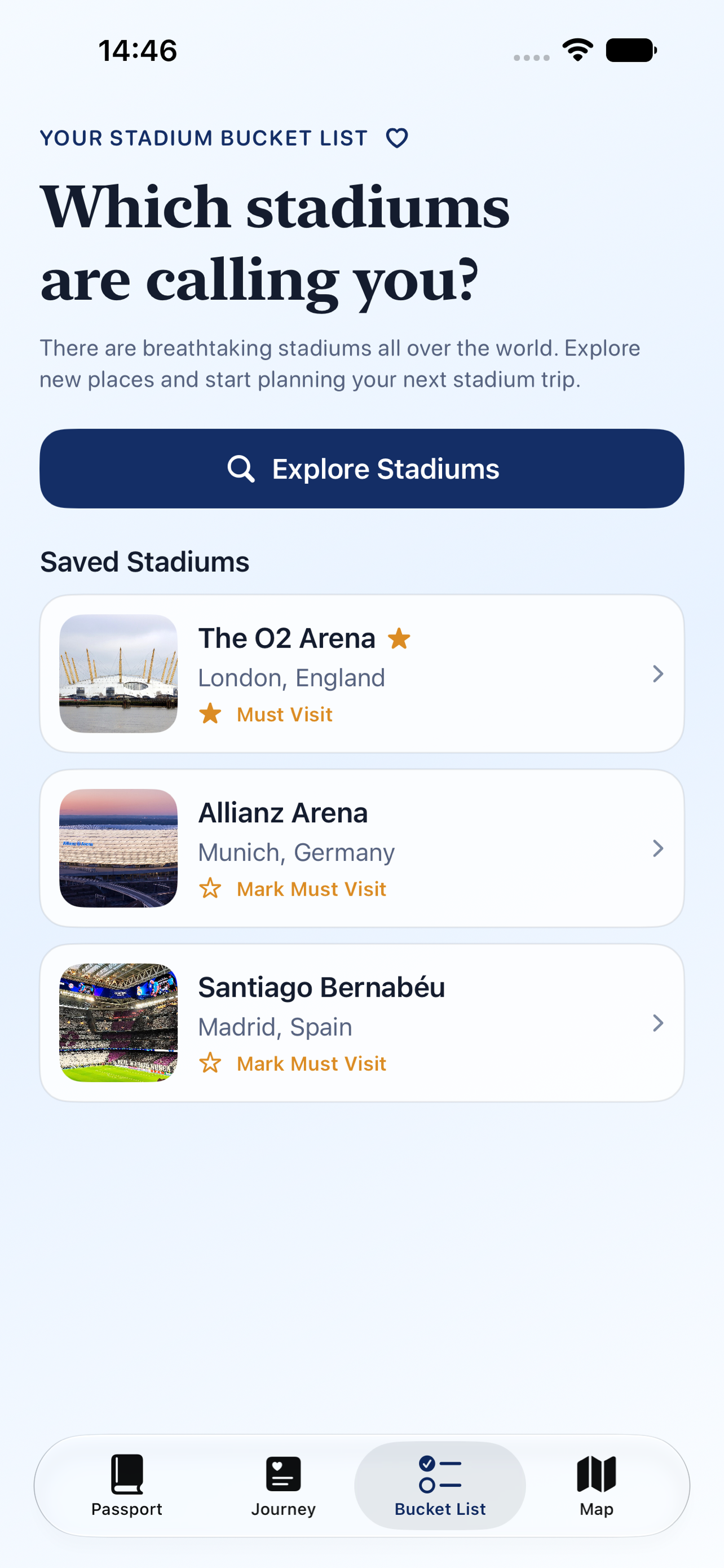 Stadium Passport bucket-list on iPhone