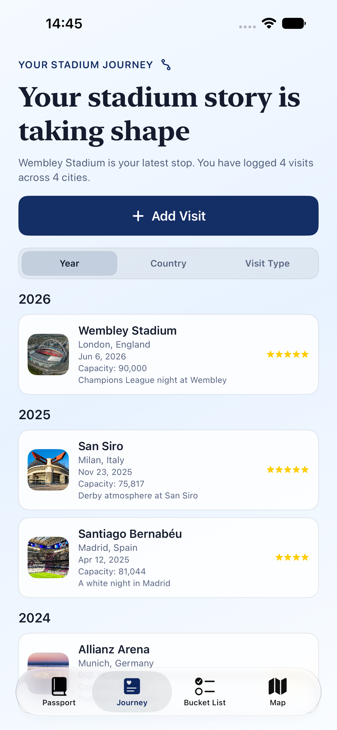 Stadium Passport journey on iPhone