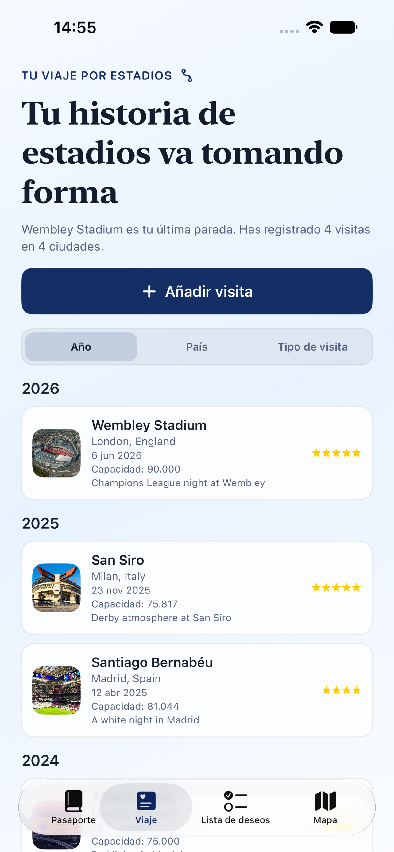 Pasaporte de Estadios journey on iPhone
