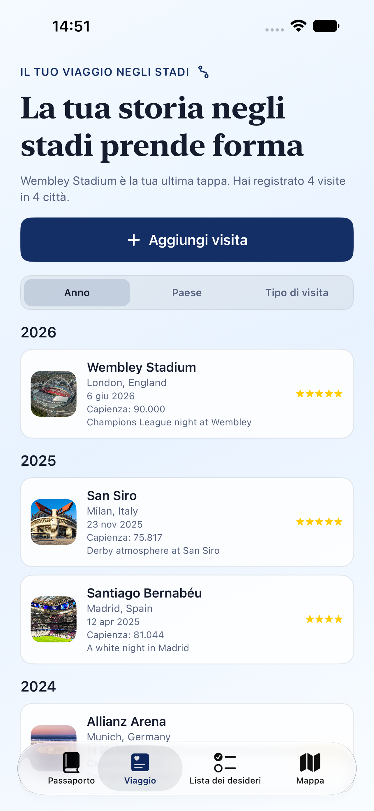 Passaporto Stadi journey on iPhone