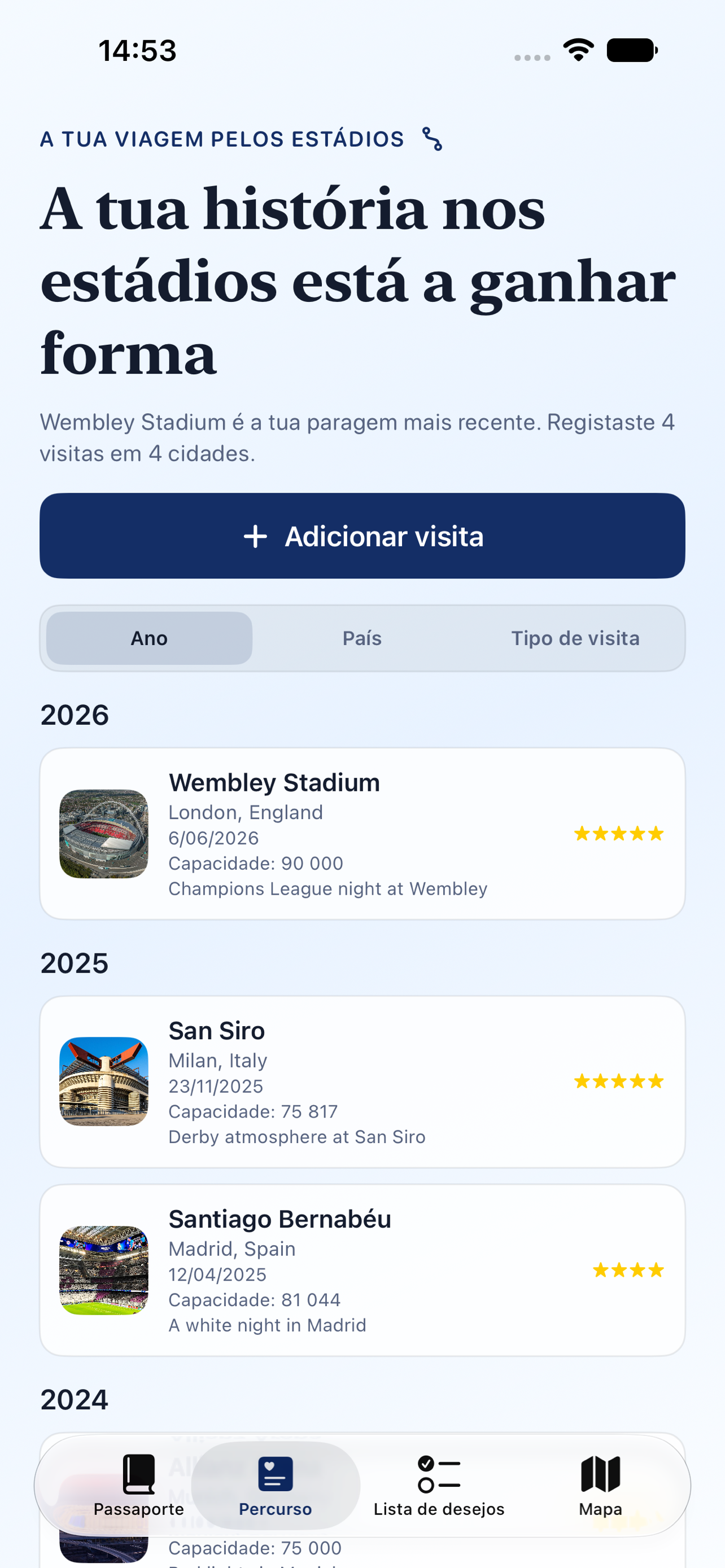 Passaporte de Estádios journey on iPhone